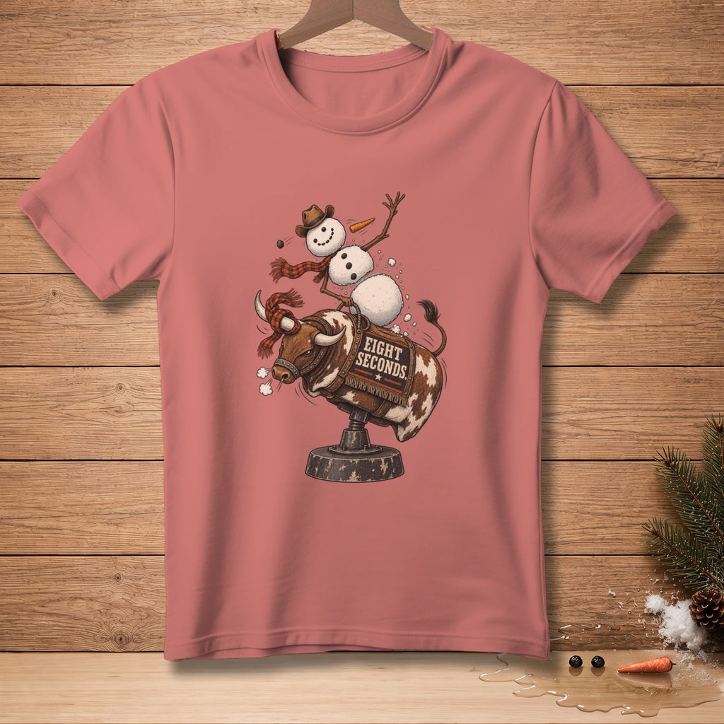 Snowman wearing a cowboy hat riding a bull with "EIGHT SECONDS" text.