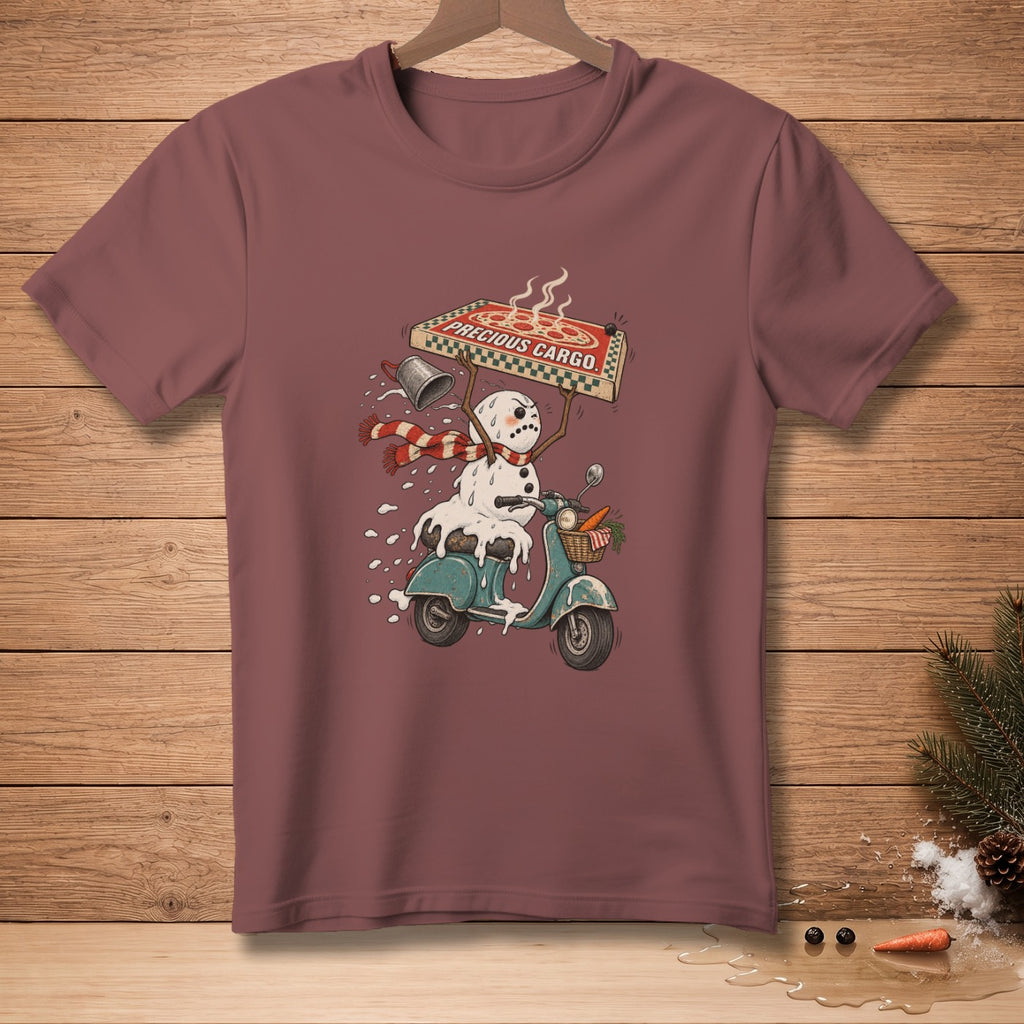 Melting snowman on scooter carrying pizza with "PRECIOUS CARGO" text.