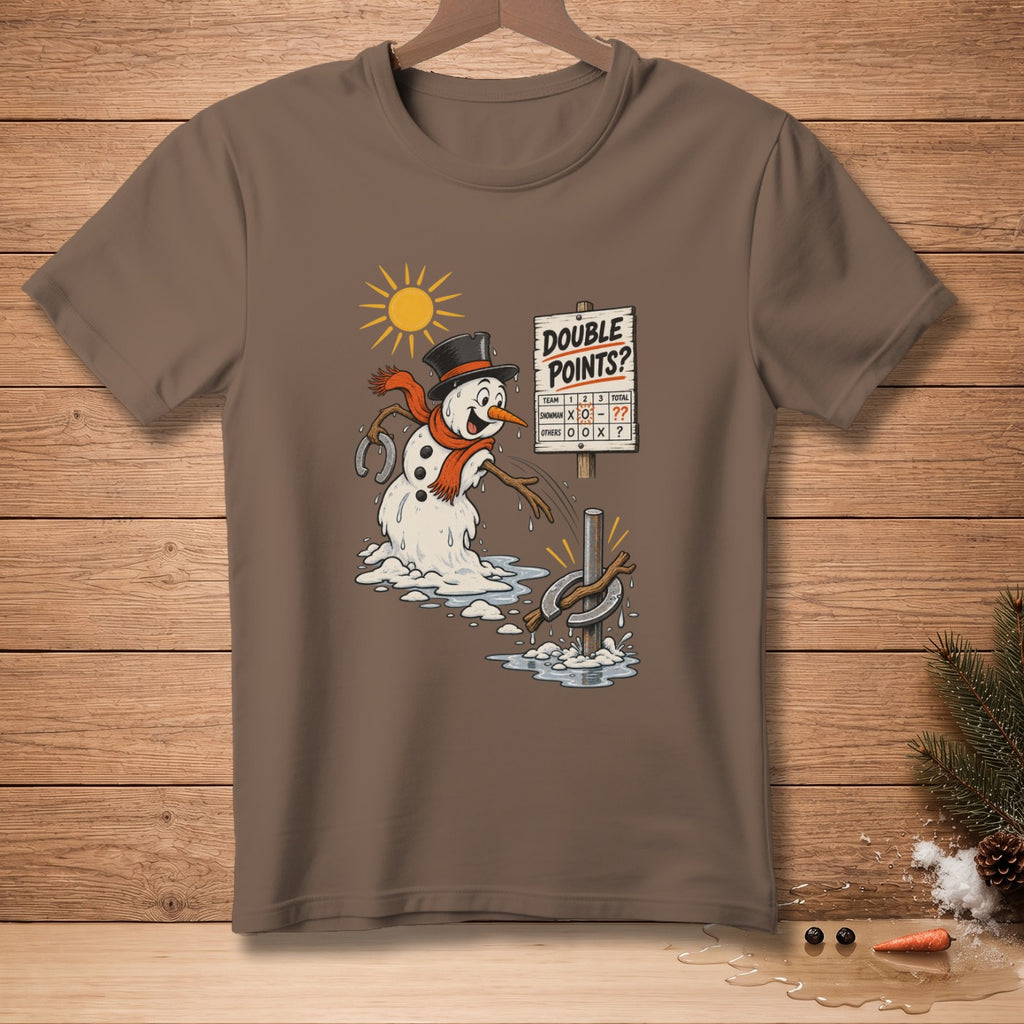 Melting snowman playing horseshoes under a sun sign reading "Double Points?".