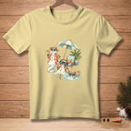 T-shirt with melting snowmen enjoying beach drinks under an umbrella.