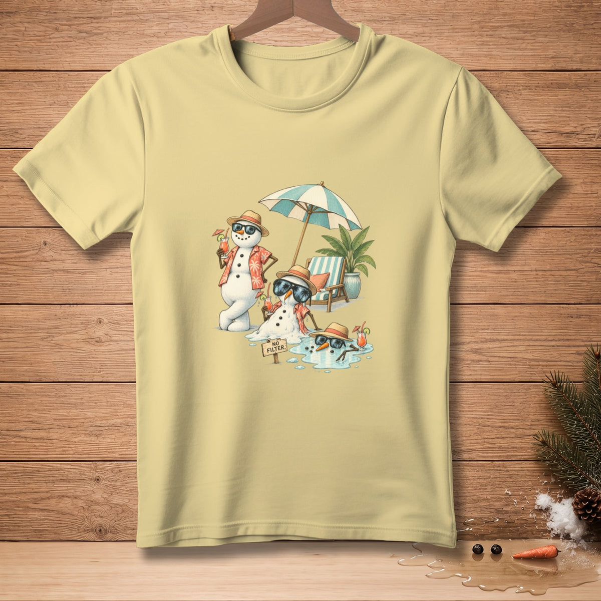 T-shirt with melting snowmen enjoying beach drinks under an umbrella.
