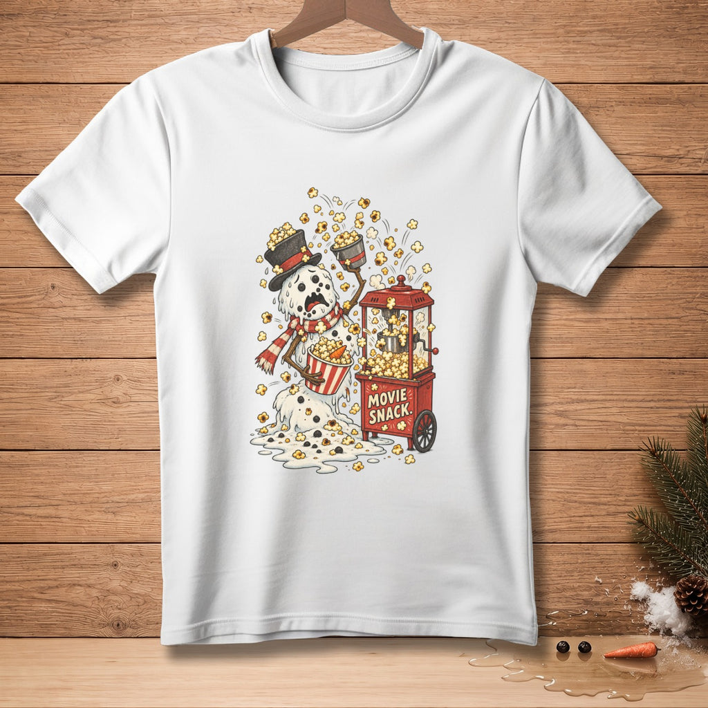 Melting snowman with popcorn spills from a red movie snack cart.