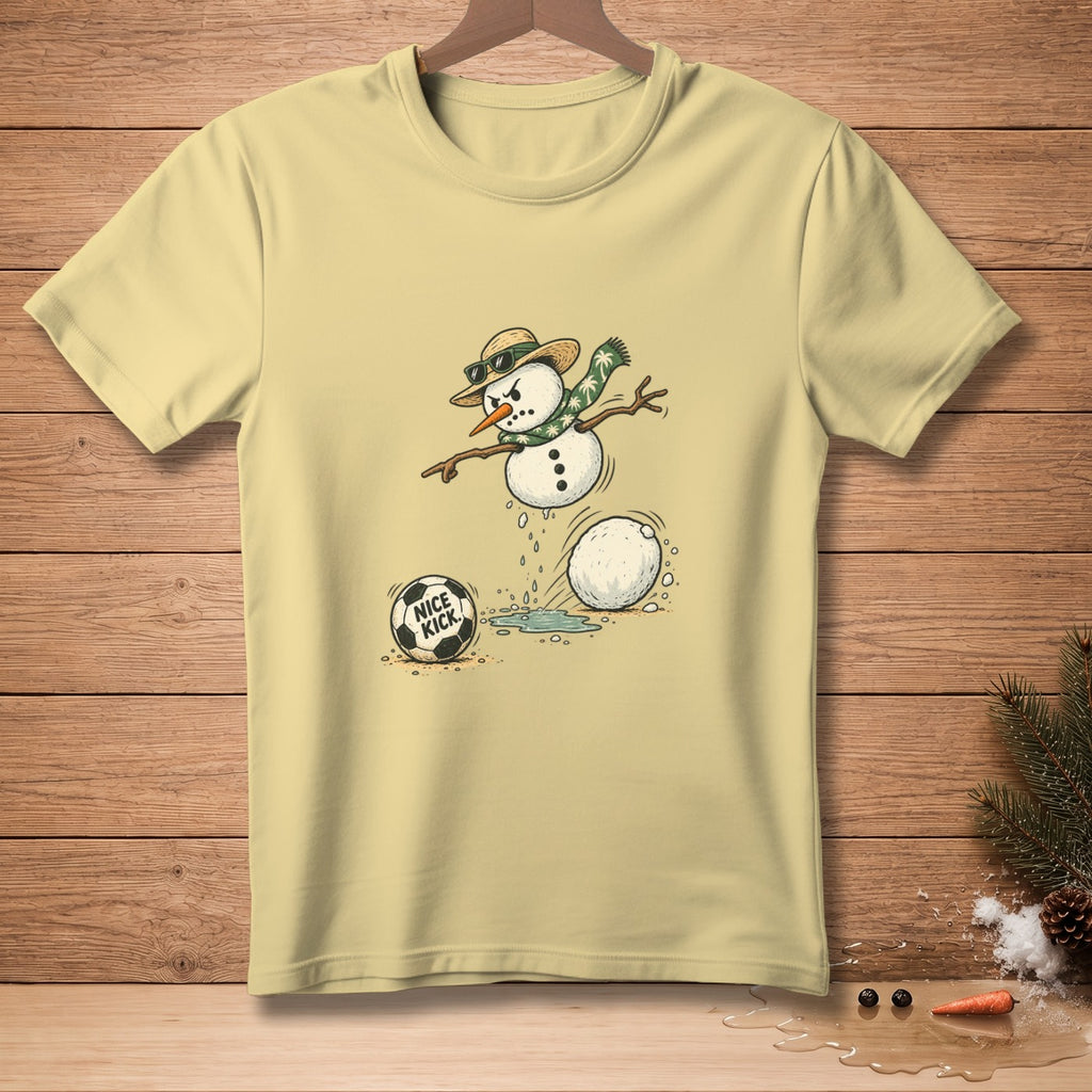 T-shirt with a cartoon snowman playing soccer, featuring text "NICE KICK".
