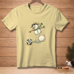 T-shirt with a cartoon snowman playing soccer, featuring text "NICE KICK".