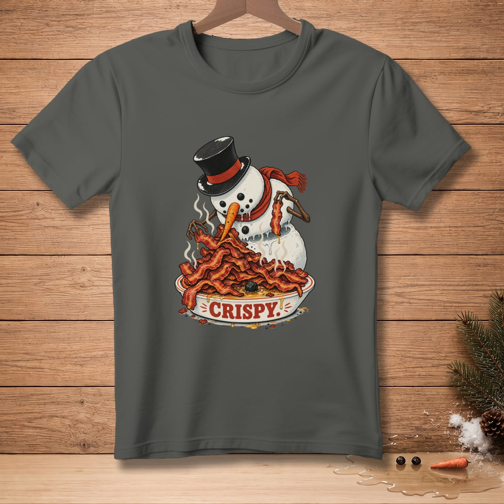 Snowman with top hat eating a bowl of crispy bacon.