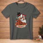 Snowman with top hat eating a bowl of crispy bacon.