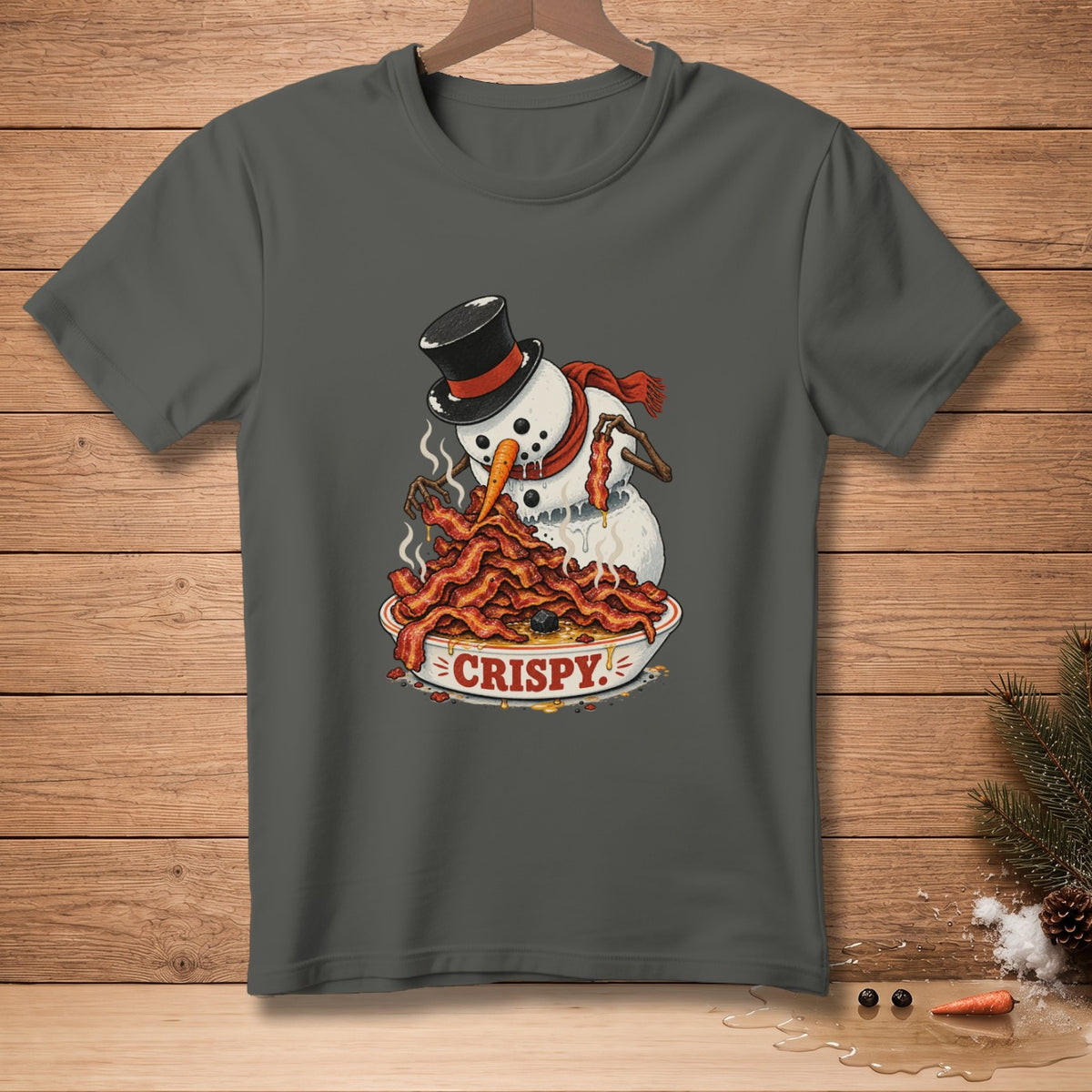 Snowman with top hat eating a bowl of crispy bacon.