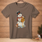 Melting snowman wearing a hat and scarf holds a waffle with "CUSTOM FIT" text.