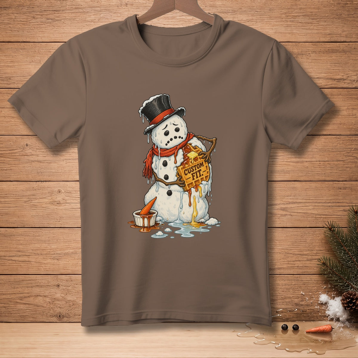 Melting snowman wearing a hat and scarf holds a waffle with "CUSTOM FIT" text.