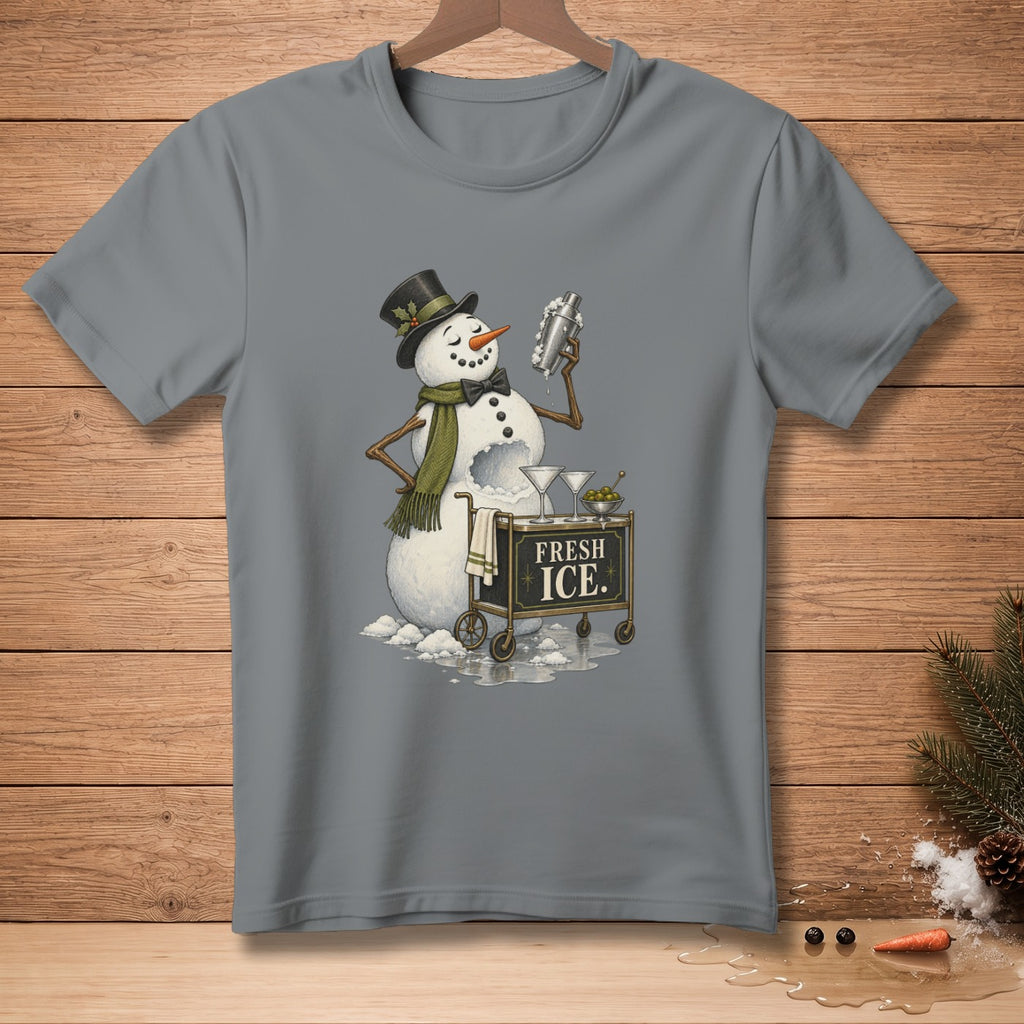 Snowman in top hat holding shaker next to cart with "FRESH ICE." text.