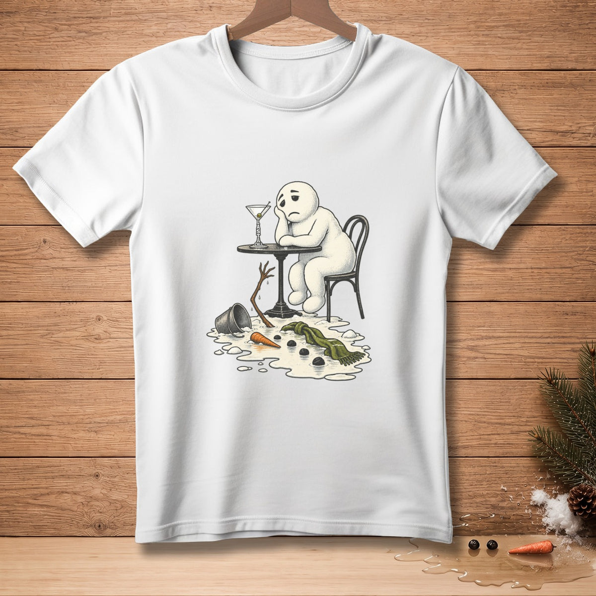 Sad melting snowman sits at a table with a drink, pieces scattered.