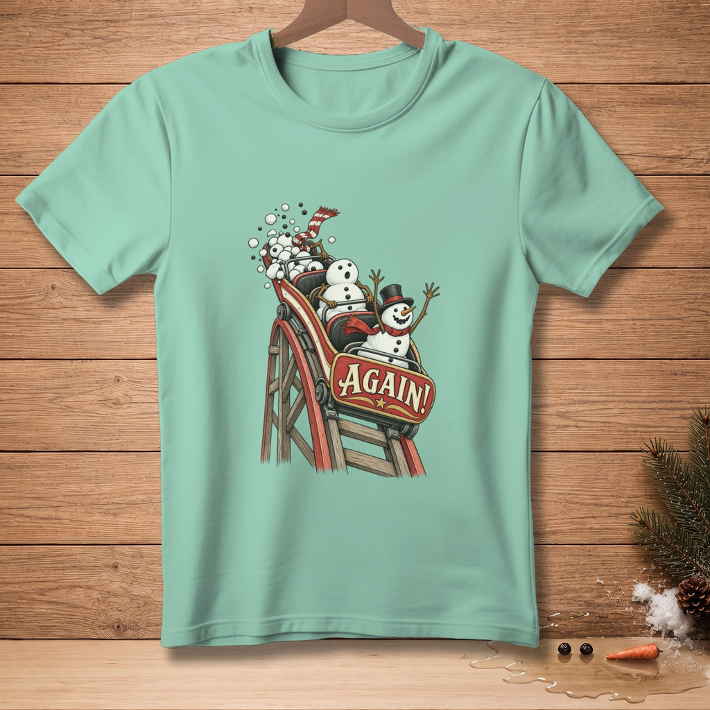Snowmen riding a roller coaster with the word "AGAIN!" on the car.