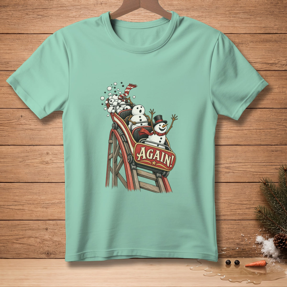 Snowmen riding a roller coaster with the word "AGAIN!" on the car.