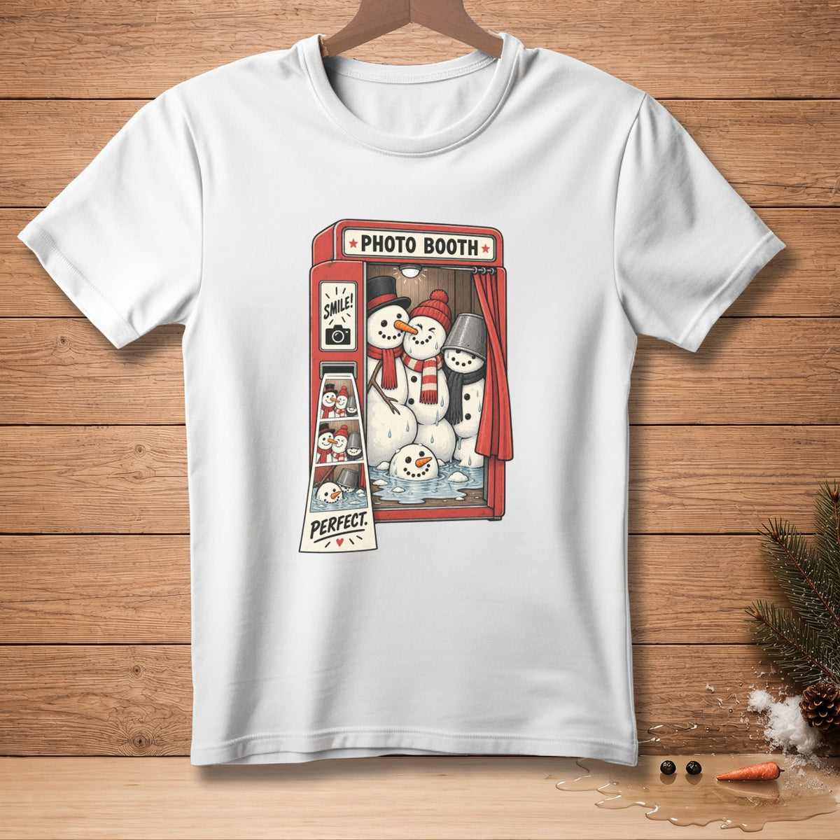 Snowmen in a photo booth with text "Photo Booth," "Smile!", and "Perfect."