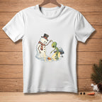 Melting snowman with top hat interacts with alien and UFO next to carrot nose.