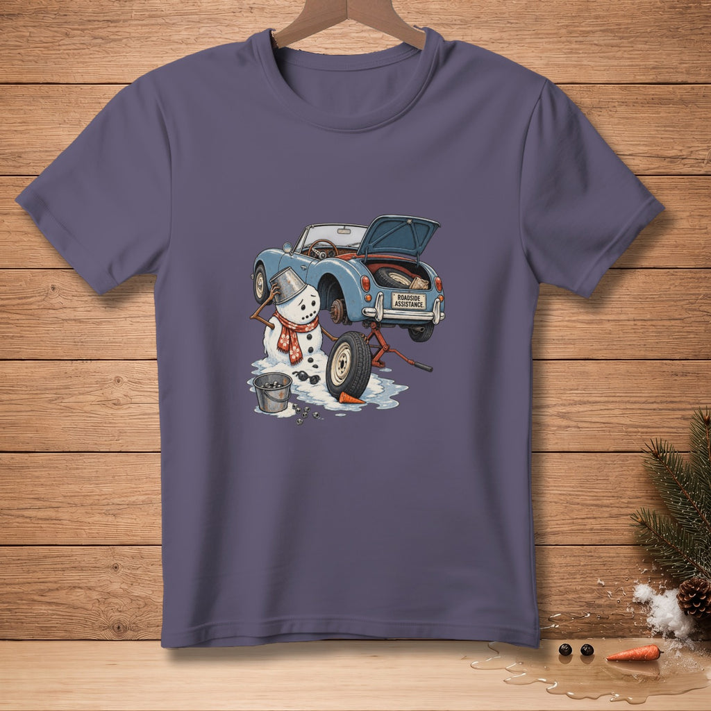 Snowman changing tire on blue convertible with "Roadside Assistance" plate.