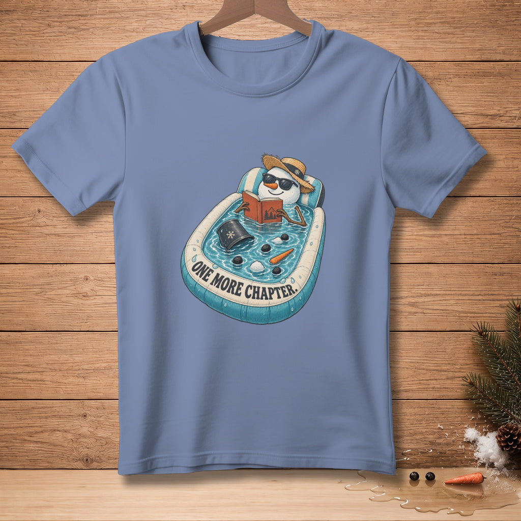 Snowman wearing sunglasses and hat reads a book in a hot tub with text "ONE MORE CHAPTER."