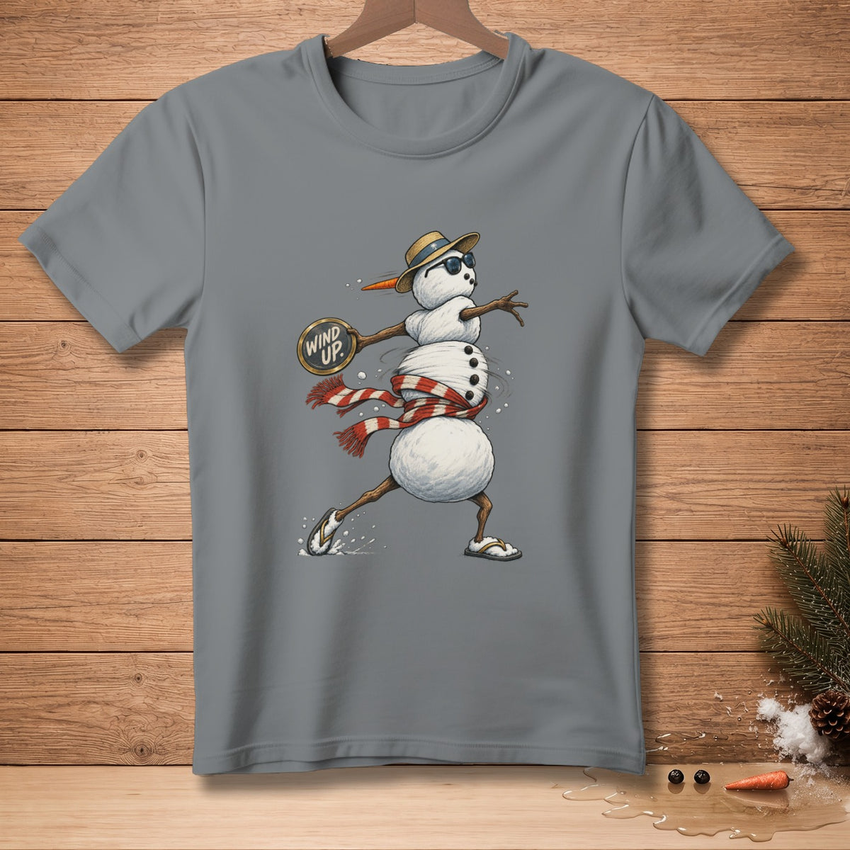 Cartoon snowman wearing sunglasses, hat, and scarf, holding a "Wind Up" sign.