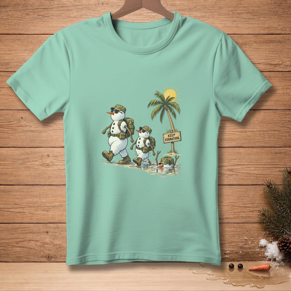 Two snowmen in military gear walk past a melting snowman under a palm tree.