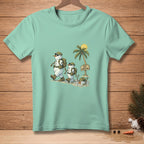 Two snowmen in military gear walk past a melting snowman under a palm tree.