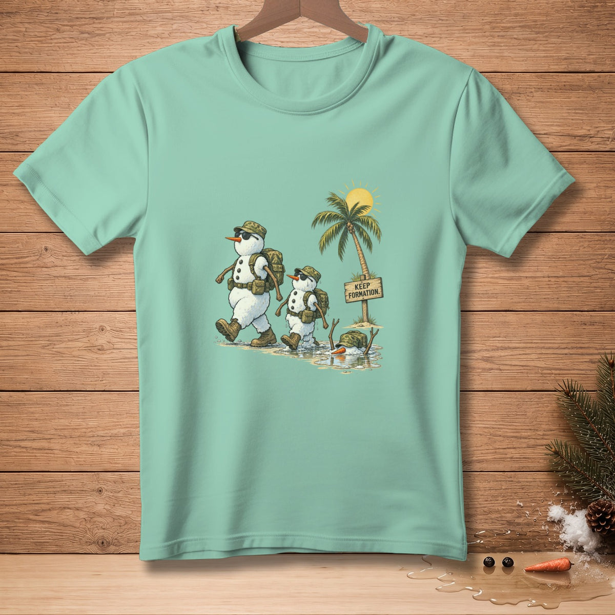 Two snowmen in military gear walk past a melting snowman under a palm tree.
