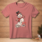 T-shirt with melting snowman holding glue and a craft kit labeled "Googly Eyes Good As New".