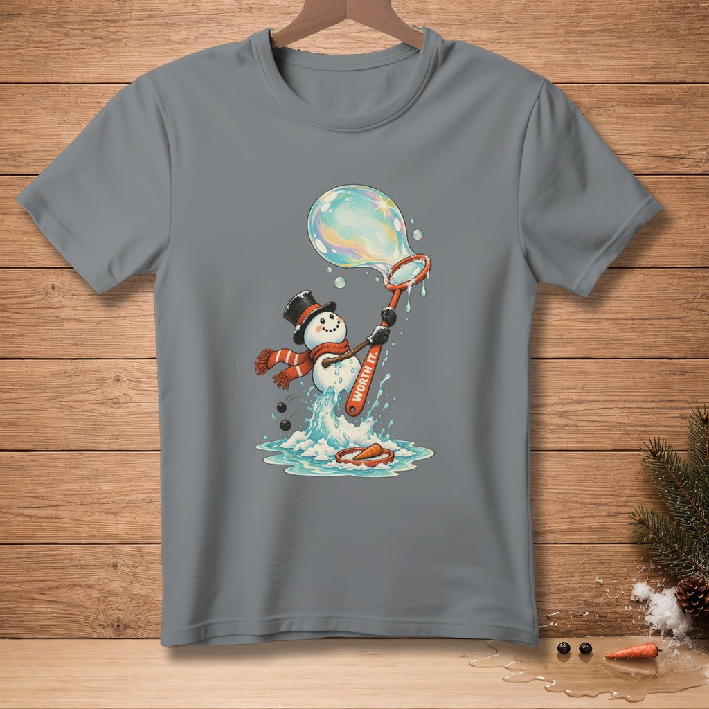 Snowman in a hat and scarf blowing a large bubble with a wand that says "WORTH IT."
