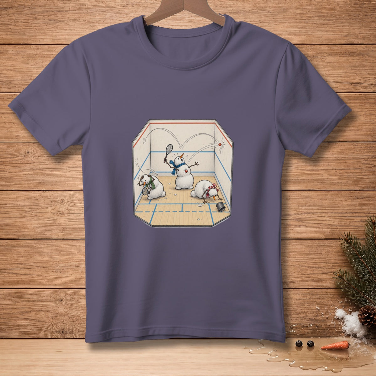Snowmen playing squash in a court with one snowman knocked out.