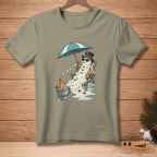 Melting snowman in a beach chair under an umbrella, drinking beer, text says "Thought this through."