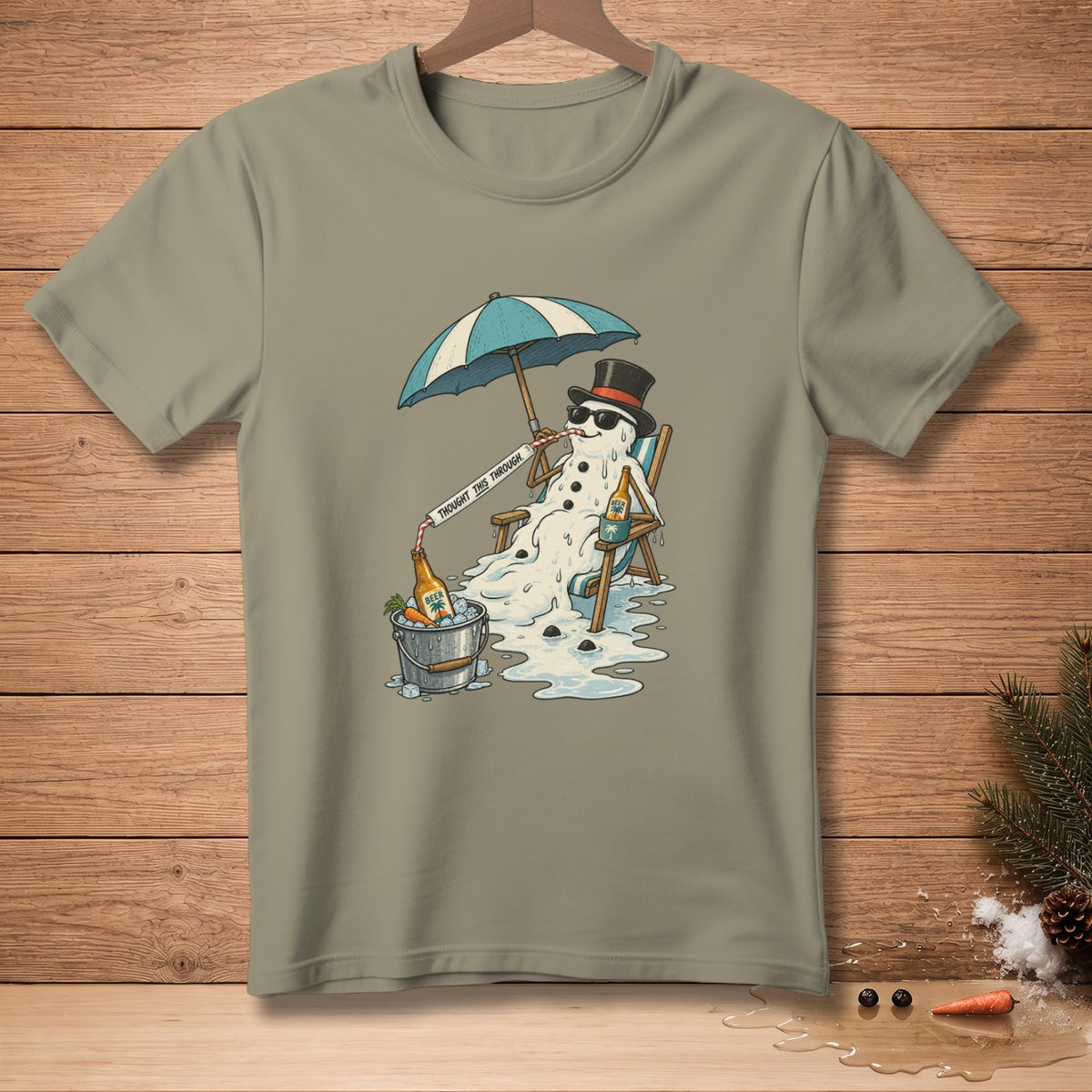 Melting snowman in a beach chair under an umbrella, drinking beer, text says "Thought this through."