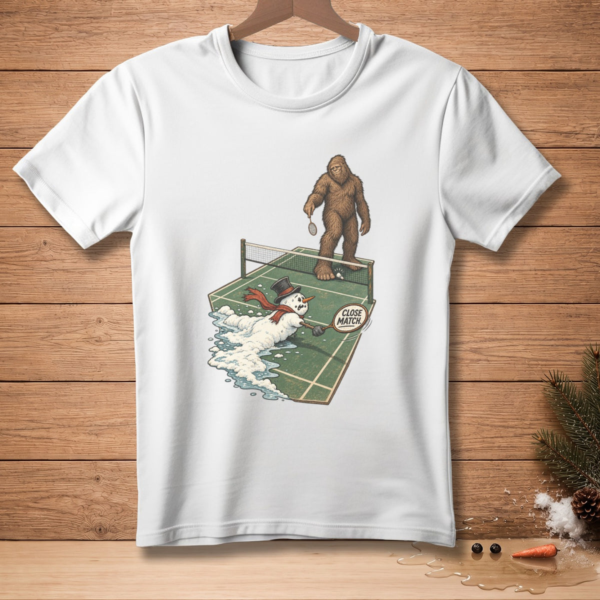 Bigfoot plays tennis against a melting snowman on a court, with "Close Match" text.