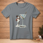 T-shirt with a snowman climbing a ladder into a martini glass, saying "WORTH IT."