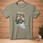 Melting snowmen in a golf cart with "SHOTGUN" license plate in the rain.