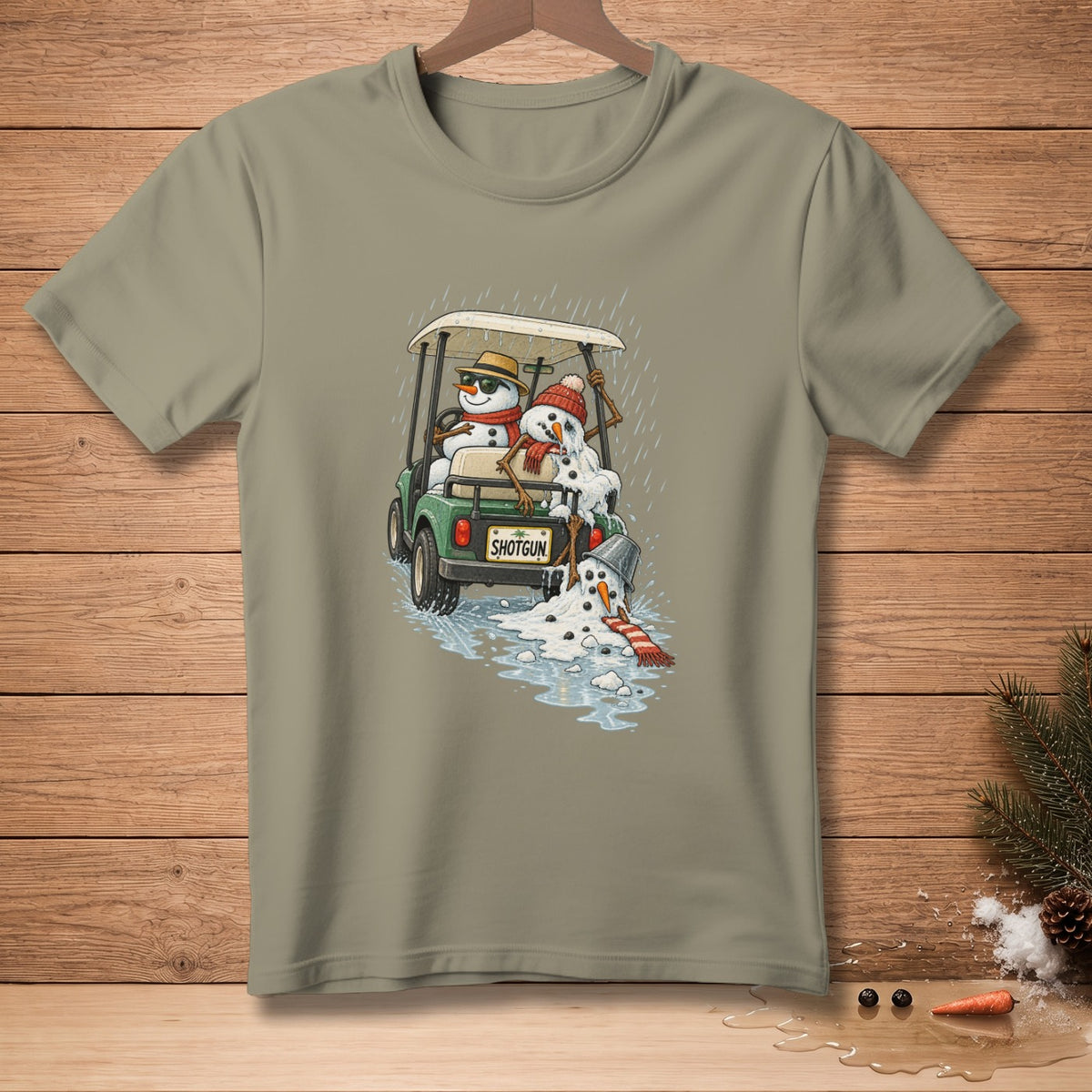 Melting snowmen in a golf cart with "SHOTGUN" license plate in the rain.