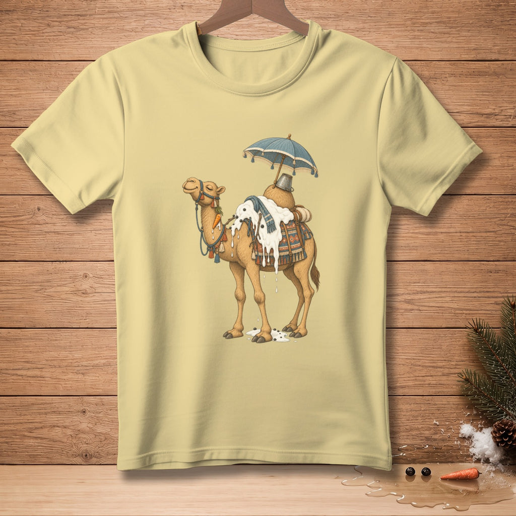 Camel wearing a blanket and carrying a bucket under an umbrella, with white liquid spilling.