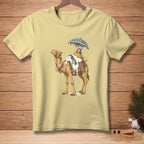 Camel wearing a blanket and carrying a bucket under an umbrella, with white liquid spilling.