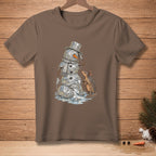 Melting snowman with a hat and scarf interacting with an armadillo.
