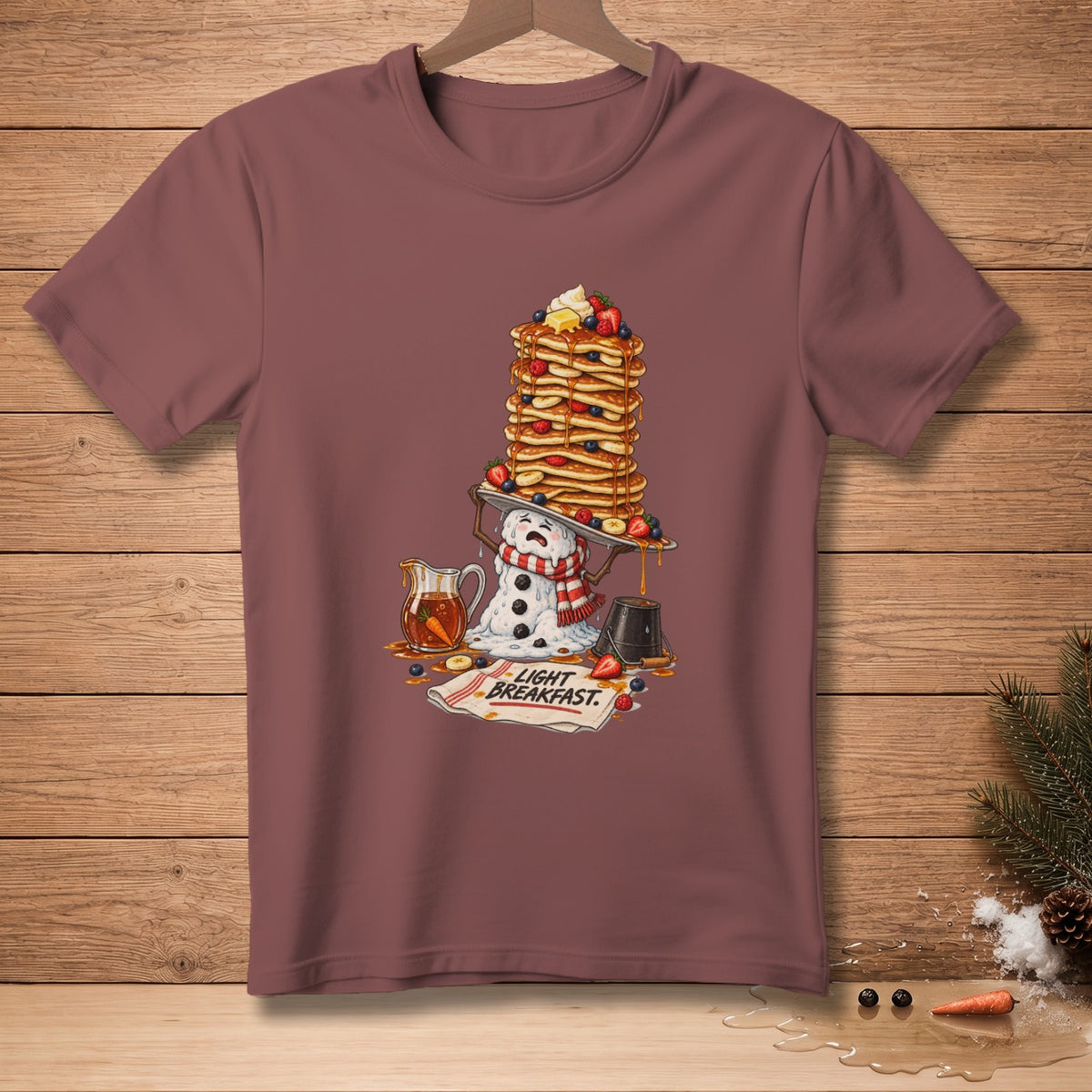 Snowman struggles with a giant stack of pancakes labeled "Light Breakfast."