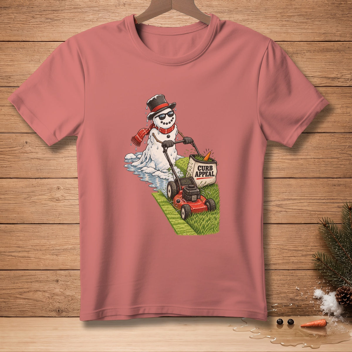 Snowman in a hat and scarf mowing a lawn with a "Curb Appeal" bag.