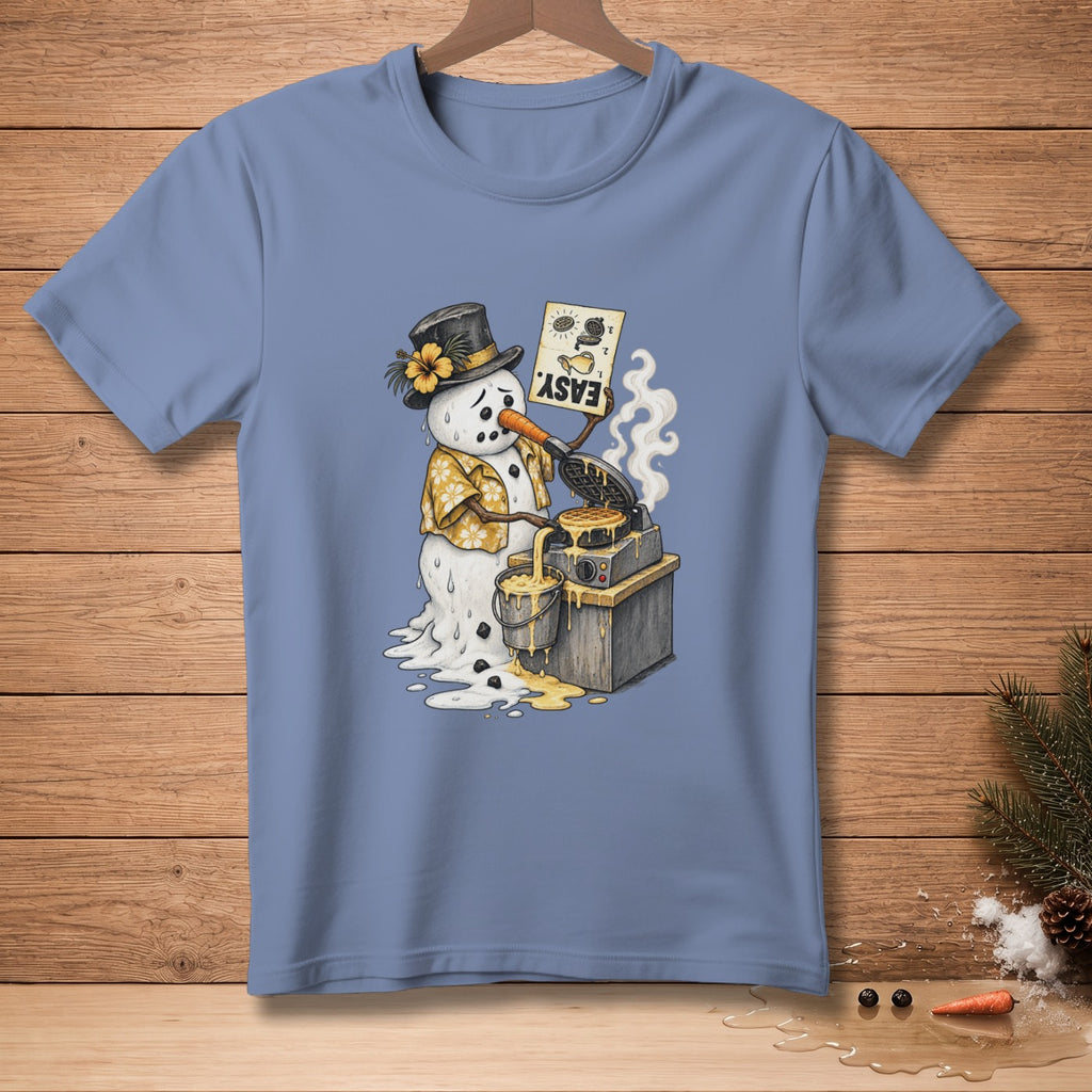Melting snowman wearing a hat and Hawaiian shirt cooks waffles.