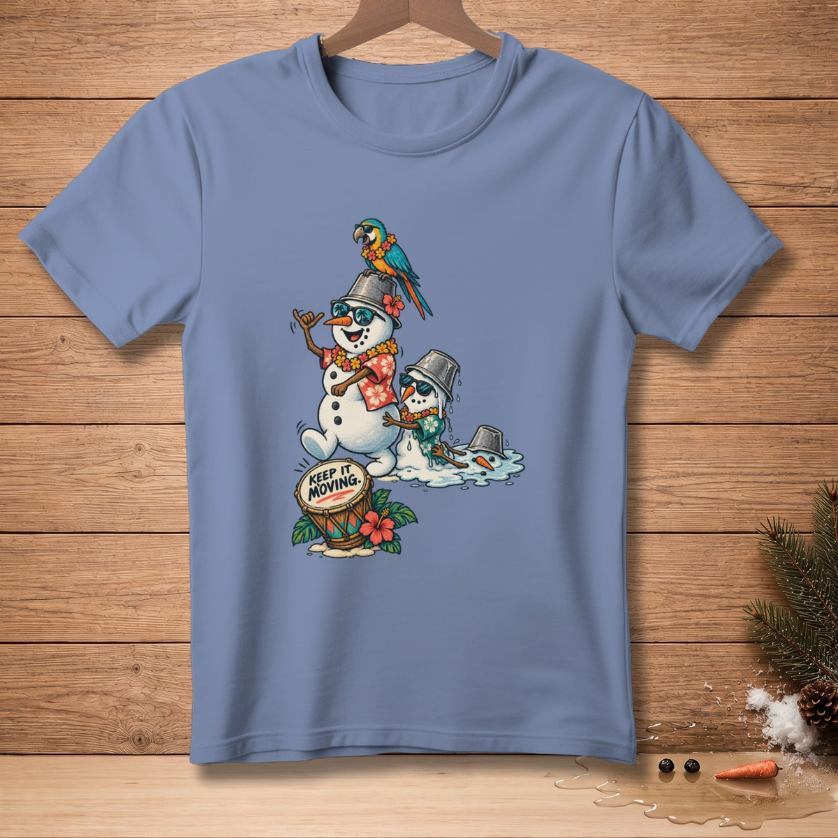 Two melting snowmen with Hawaiian shirts and a parrot on a drum saying "Keep It Moving."