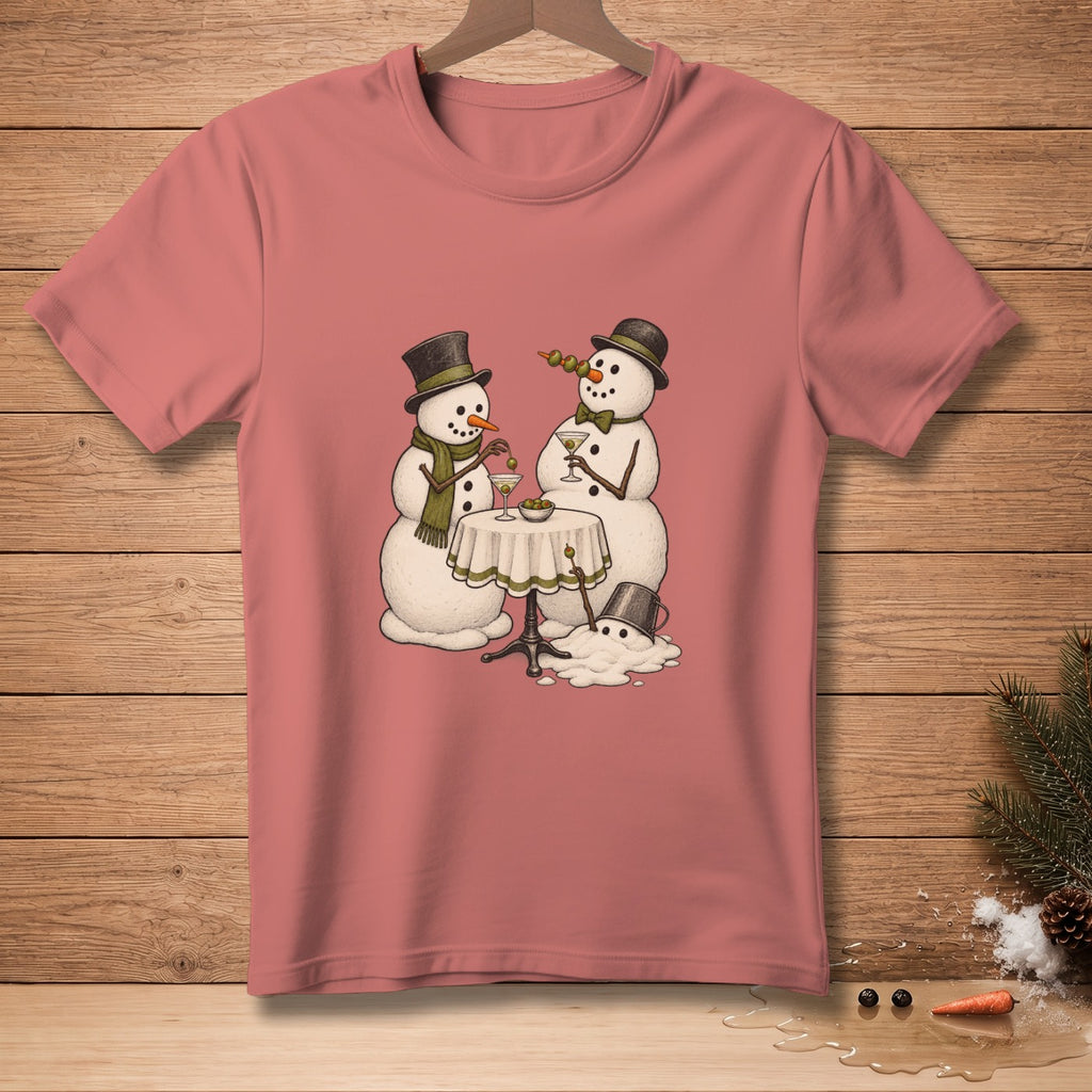 Two snowmen with top hats enjoy martinis at a table.