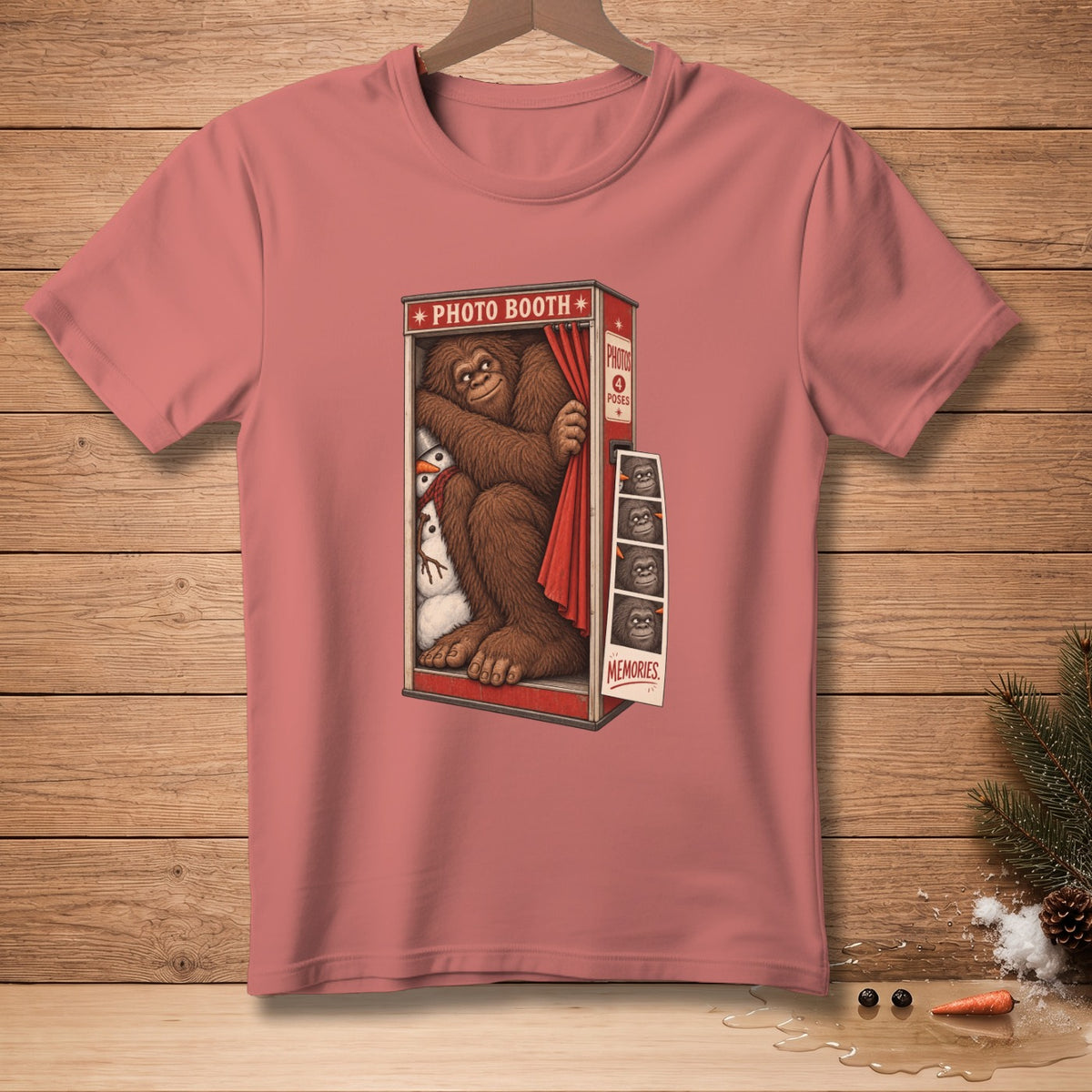 Bigfoot and snowmen in a photo booth with photos and the word "Memories".