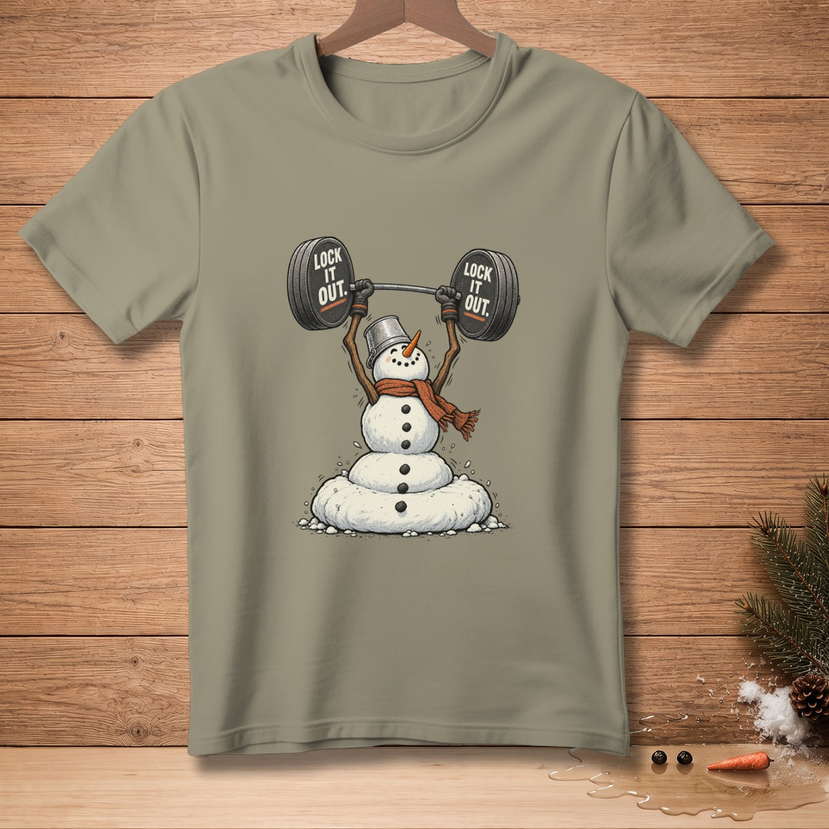 Snowman lifting weights with "LOCK IT OUT" text on weights.