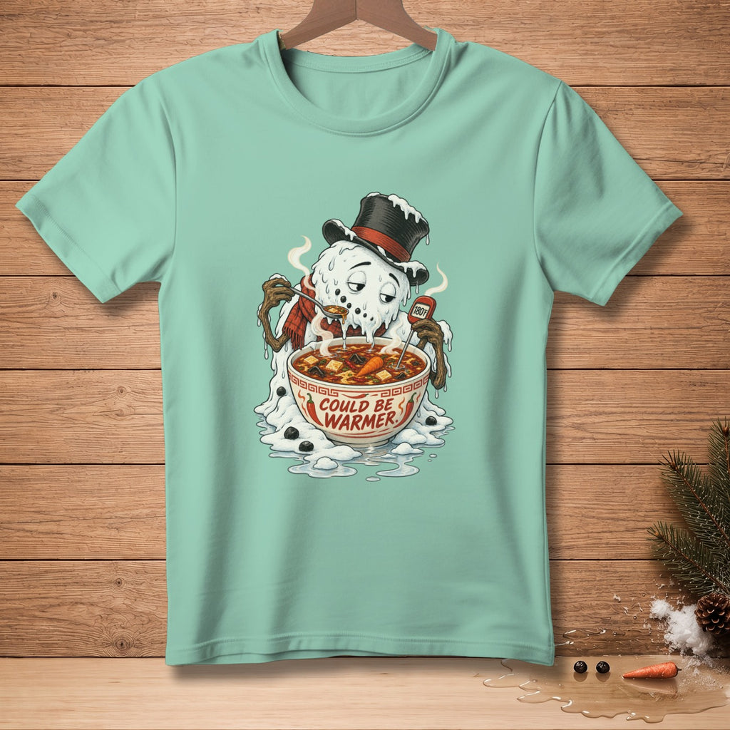 Melting snowman in a top hat eats soup from a bowl that says "Could Be Warmer".