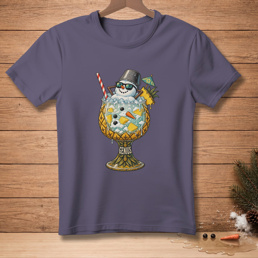 Snowman in a pineapple cocktail with text "Genius" on shirt.