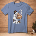Snowman in a top hat eating a giant cinnamon roll with a fork, melting.