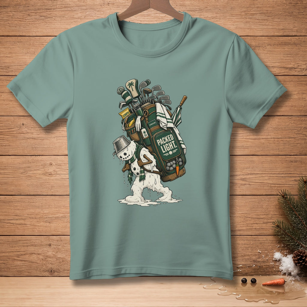 Melting snowman carries golf bag with "PACKED LIGHT" text.