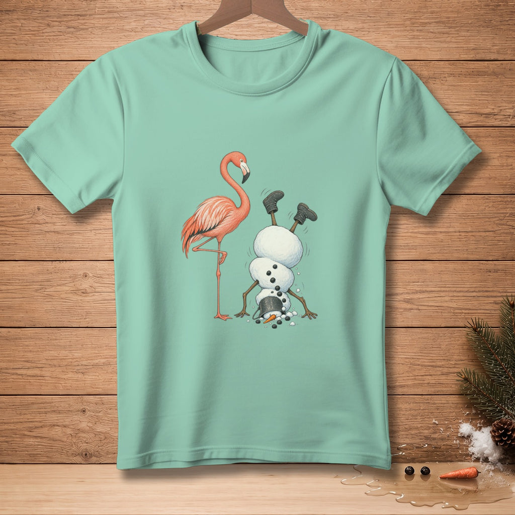Flamingo stands next to a snowman doing a handstand with a bucket on its head.