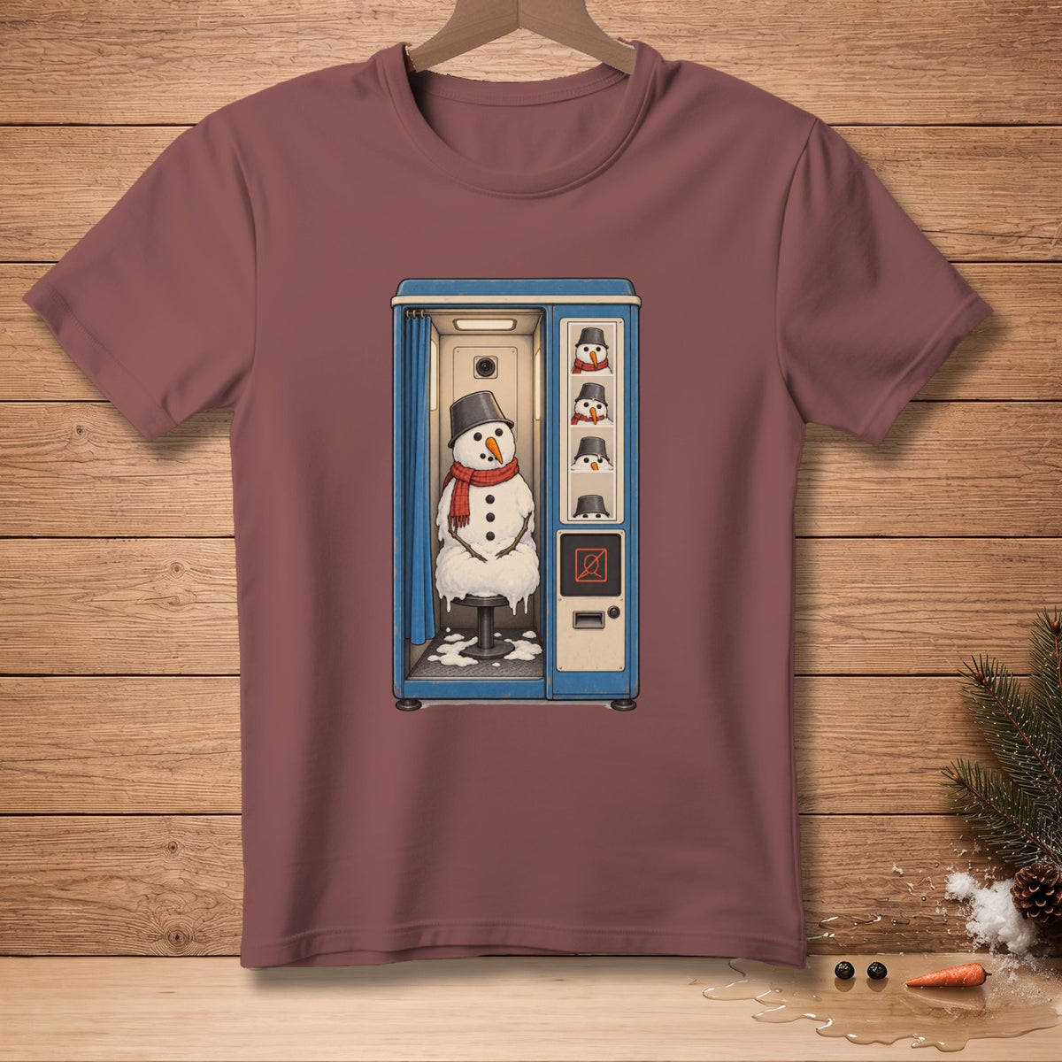 Snowman in photo booth with melting snow and small snowmen heads.